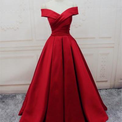 Red Satin Off-The-Shoulder Plunge V Floor Length Ball Gown Featuring Lace-Up Back, Prom Dress, Formal Dress