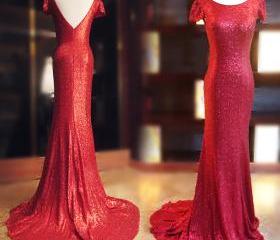 Cap Sleeves Sequins LACE Mermaid Dress Grape main image 1