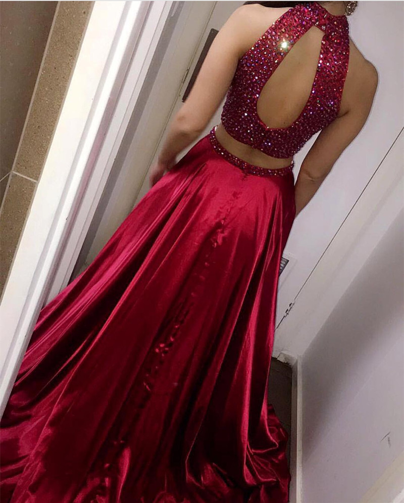 Two Piece Prom Dress,burgundy Prom Dress,satin Dress,keyhole Back Dress,sexy Prom Dresses 2017