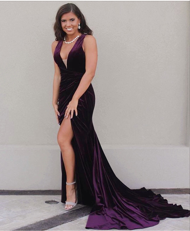 Grape Prom Dress,mermaid Prom Dress,velvet Prom Dress, V Neck Evening Dress,long Formal Dress