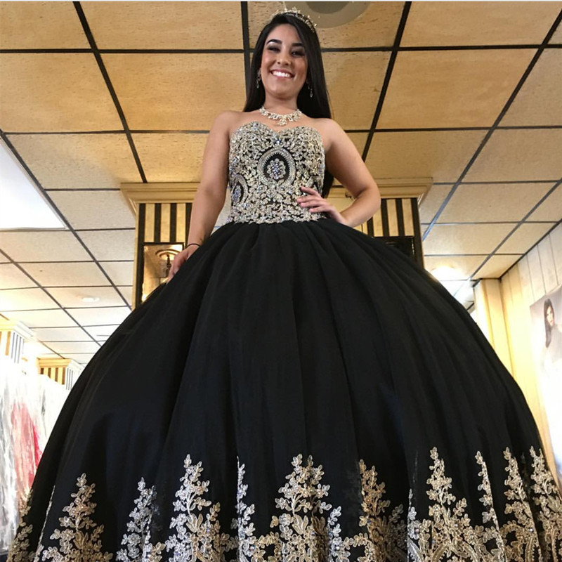 Black Prom Dress,ball Gowns Prom Dress,gold Lace Appliques Quinceanera Dress,sweet 16 Dresses
