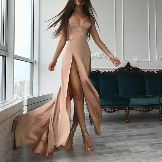 Maxi Prom Dress,slit Prom Dress,long Party Dress,champagne Prom Dress,sexy Prom Dresses 2017