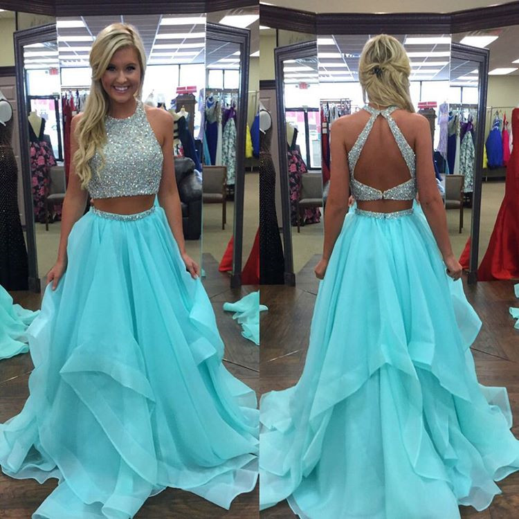 Ice Blue Prom Dress,two Piece Prom Dress,ruffles Prom Dress,ball Gowns Prom Dress