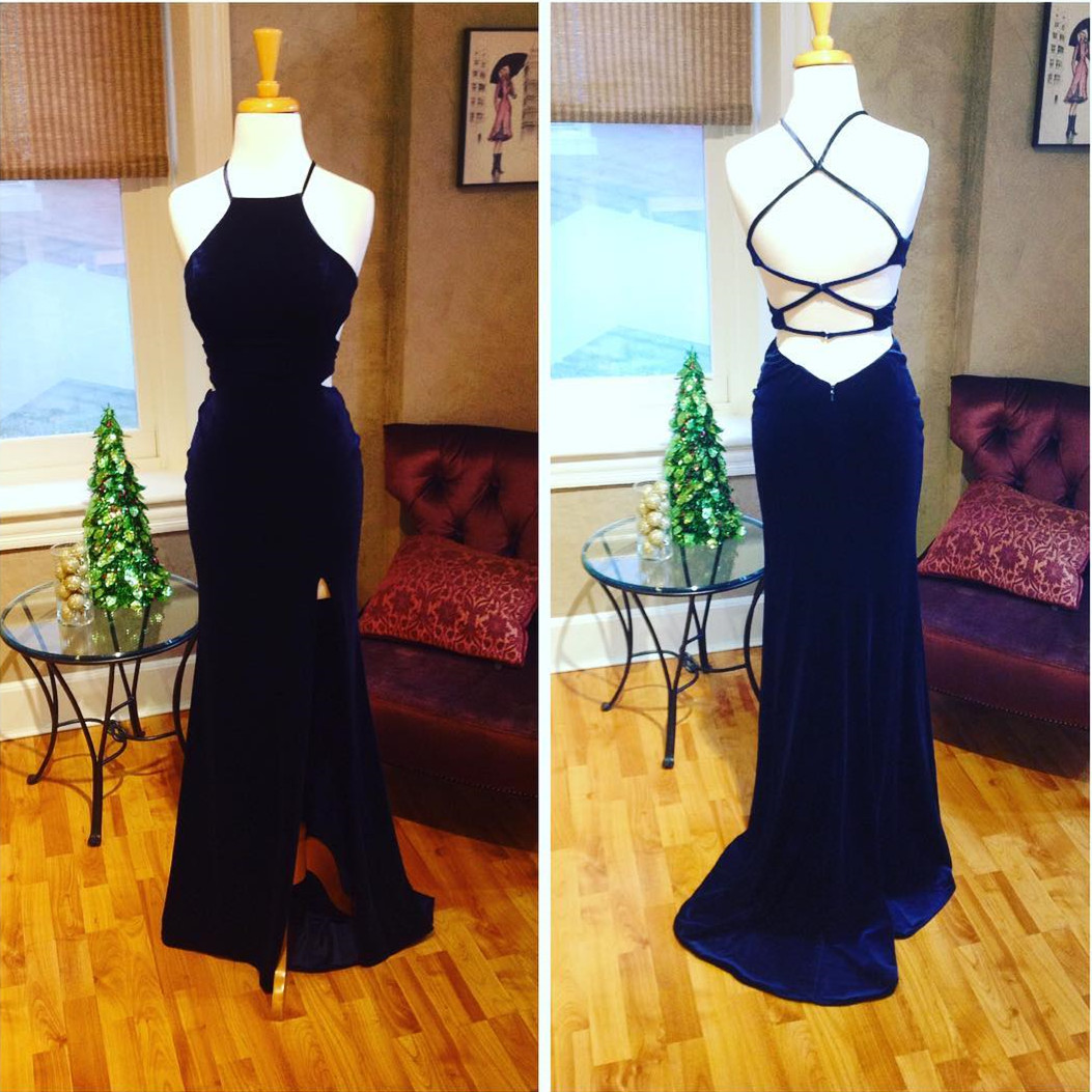 Navy Blue Prom Dress,mermaid Evening Gowns,velvet Prom Dress,cross Back Dress,slit Dress