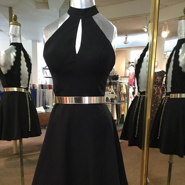 Black High Halter Short A-line Homecoming Dress Featuring Keyhole Front, Open Back, And Gold Belt