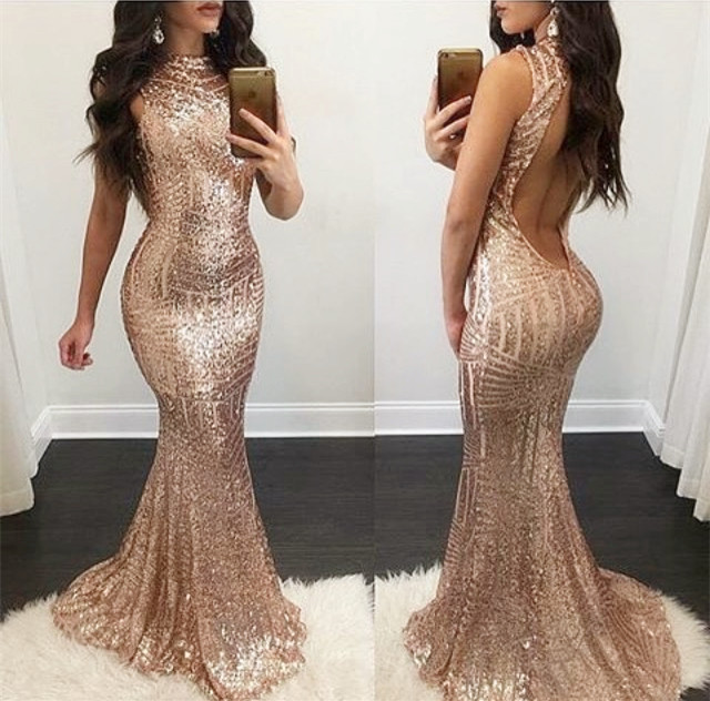 gold open back prom dress