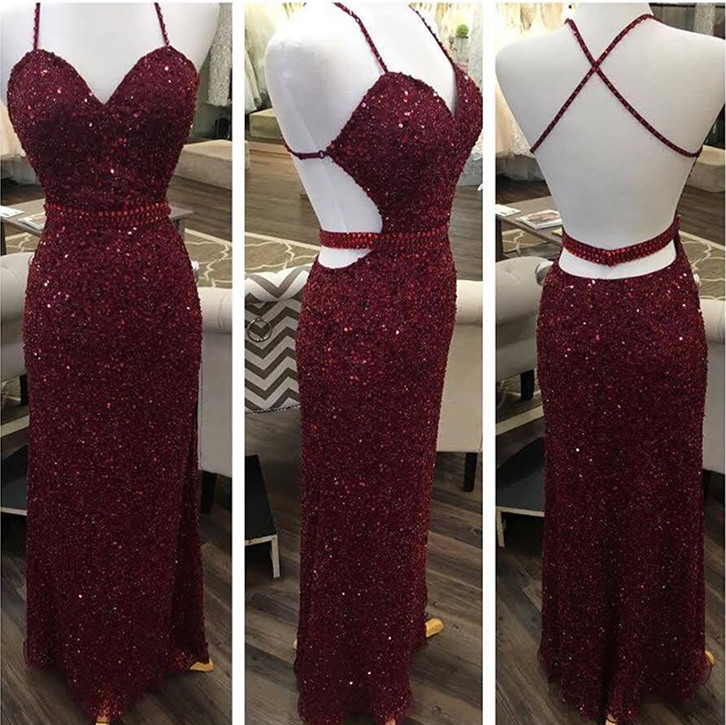 Burgundy Prom Dress,sequins Prom Dress,mermaid Evening Dress,backless Prom Dress,sparkly Prom Gowns