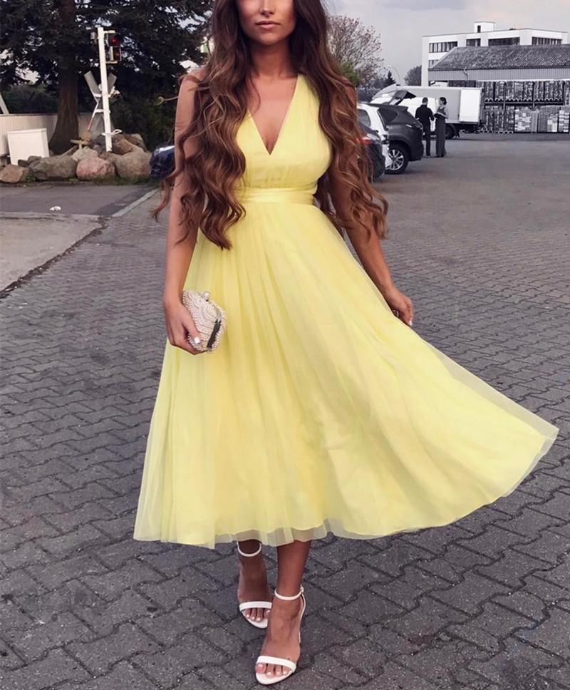 V Neck Homecoming Dress,open Back Prom Dress,yellow Party Dress,tea Length Evening Gowns