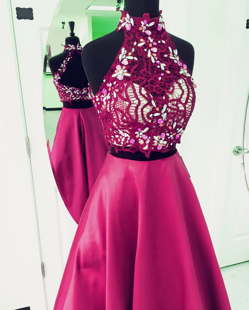 Two Piece Prom Dress,2 Piece Prom Gowns,elegant Beaded Prom Dress,prom Dress Lace Crop