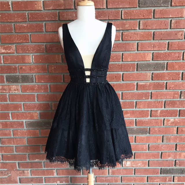 Little Black Dress,black Lace Homecoming Dress, Short V Neck Prom Dress,semi Formal Dress