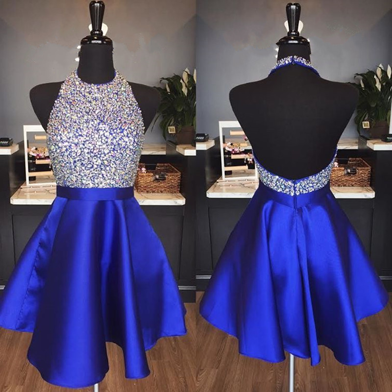halter homecoming dress,beaded prom gowns,short prom dress 2017,royal blue cocktail dresses