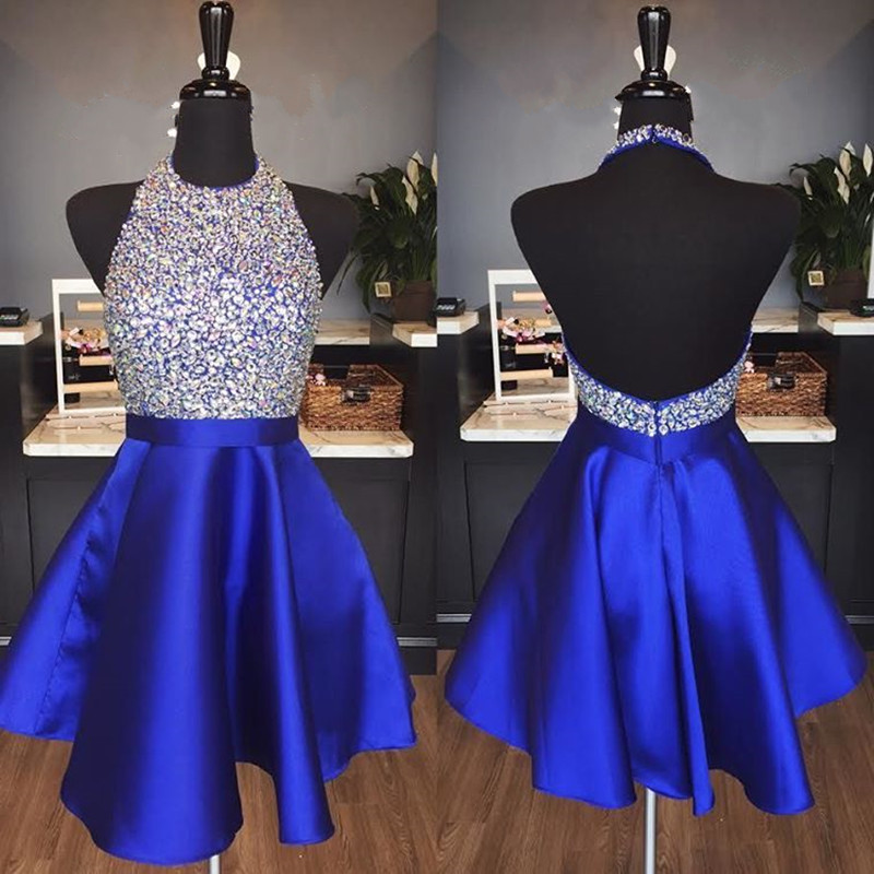 Halter Homecoming Dress,beaded Prom Gowns,short Prom Dress 2017,royal Blue Cocktail Dresses