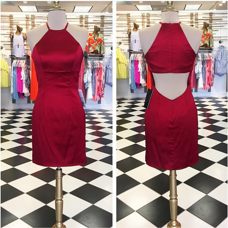 Burgundy Homecoming Dress,sheath Party Dress,satin Cocktail Dress,short Prom Gowns 2017
