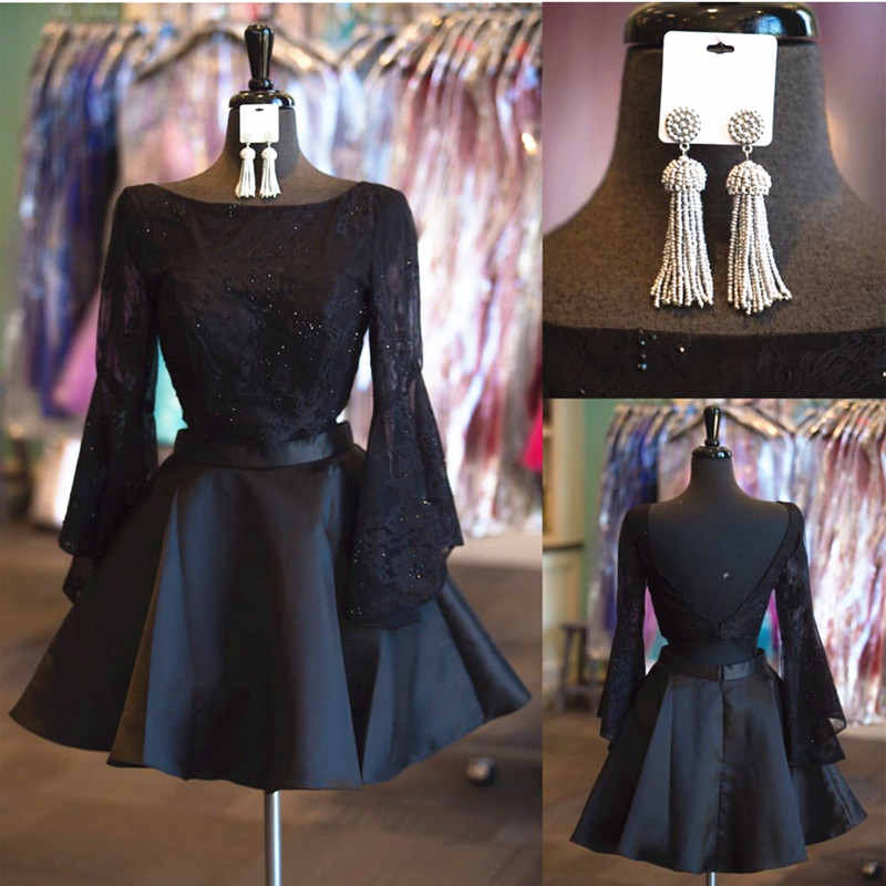 Black Homecoming Dress,long Sleeves Homecoming Dress,two Piece Prom Dresses Short