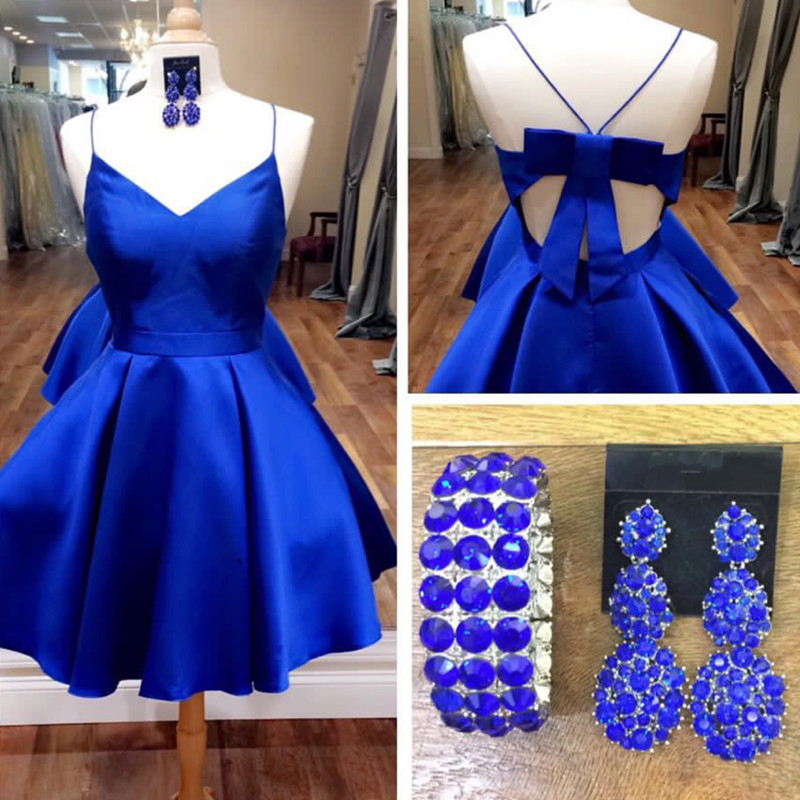 Royal Blue Homecoming Dress,Open Back Prom Dresses Short,Bow Dress
