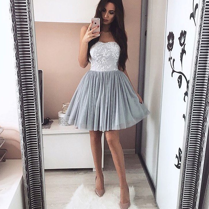 Elegant Homecoming Dress,tulle Prom Short Dresses,prom Dresses Lace Appliques,strapless Cocktail Dresses