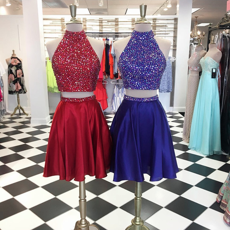 High Neck Homecoming Dresses,two Piece Homecoming Dresses,crystal Beaded Prom Short Dresses
