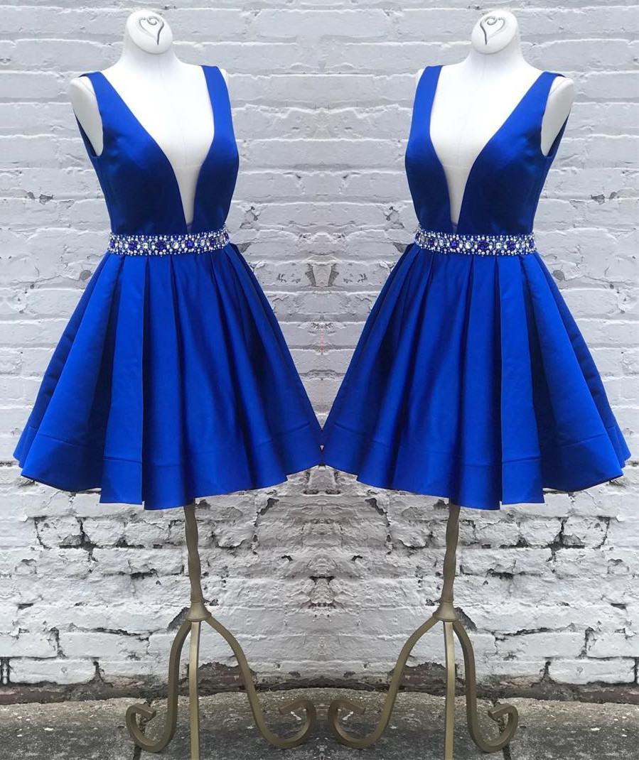 Royal Blue Homecoming Dress, V Neck Prom Gowns,short Homecoming Dress Beaded Sashes