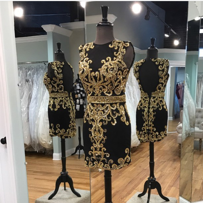 black prom dress with gold embroidery