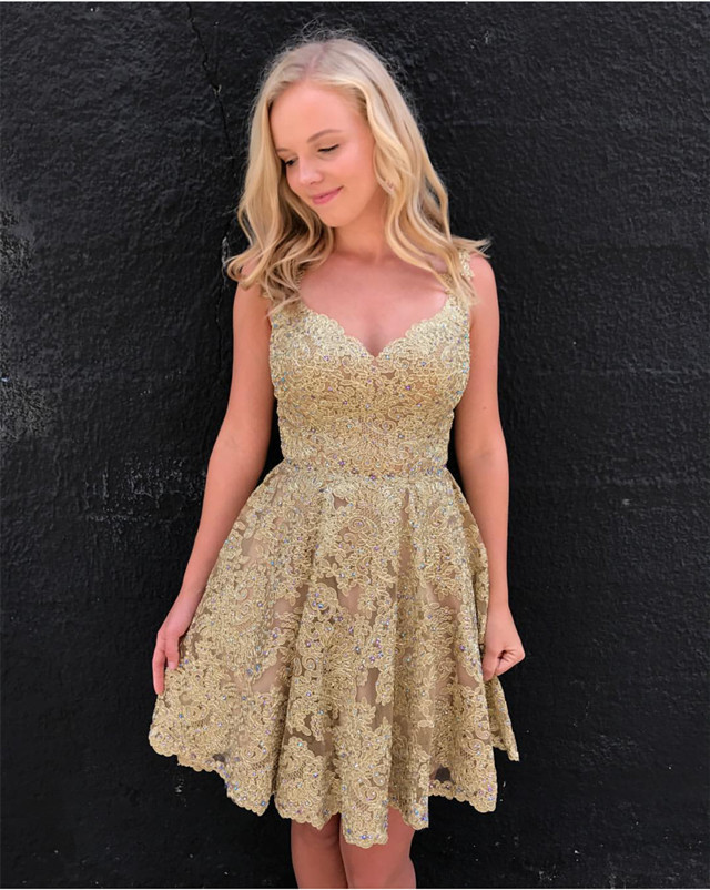 Elegant A Line V Neck Lace Homecoming Dresses Short Gold Prom Dresses 2017