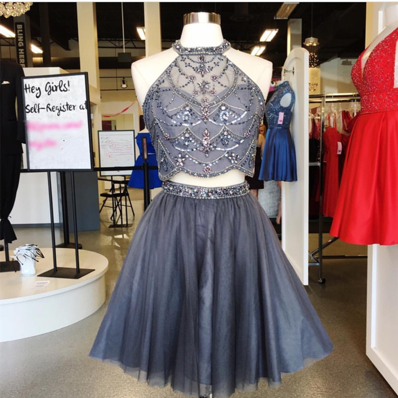 Two-piece Homecoming Dress Featuring Beaded Embellished High Halter Neck Crop Top And Short Tulle Skirt