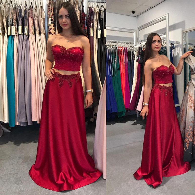 Two Piece Prom Dress,long Satin Gowns,burgundy Prom Dress
