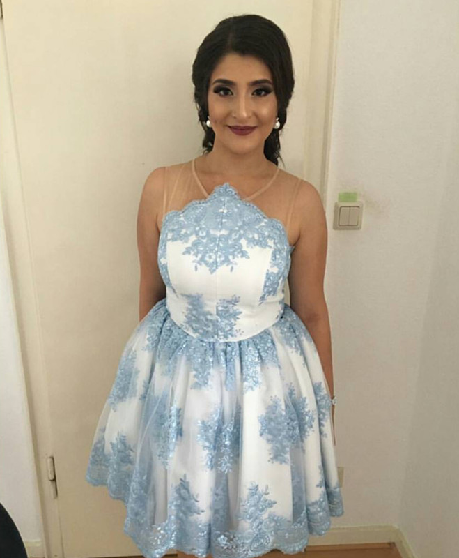 Light Blue Lace Embroidery Tulle Prom Short Dress 2018 Elegant