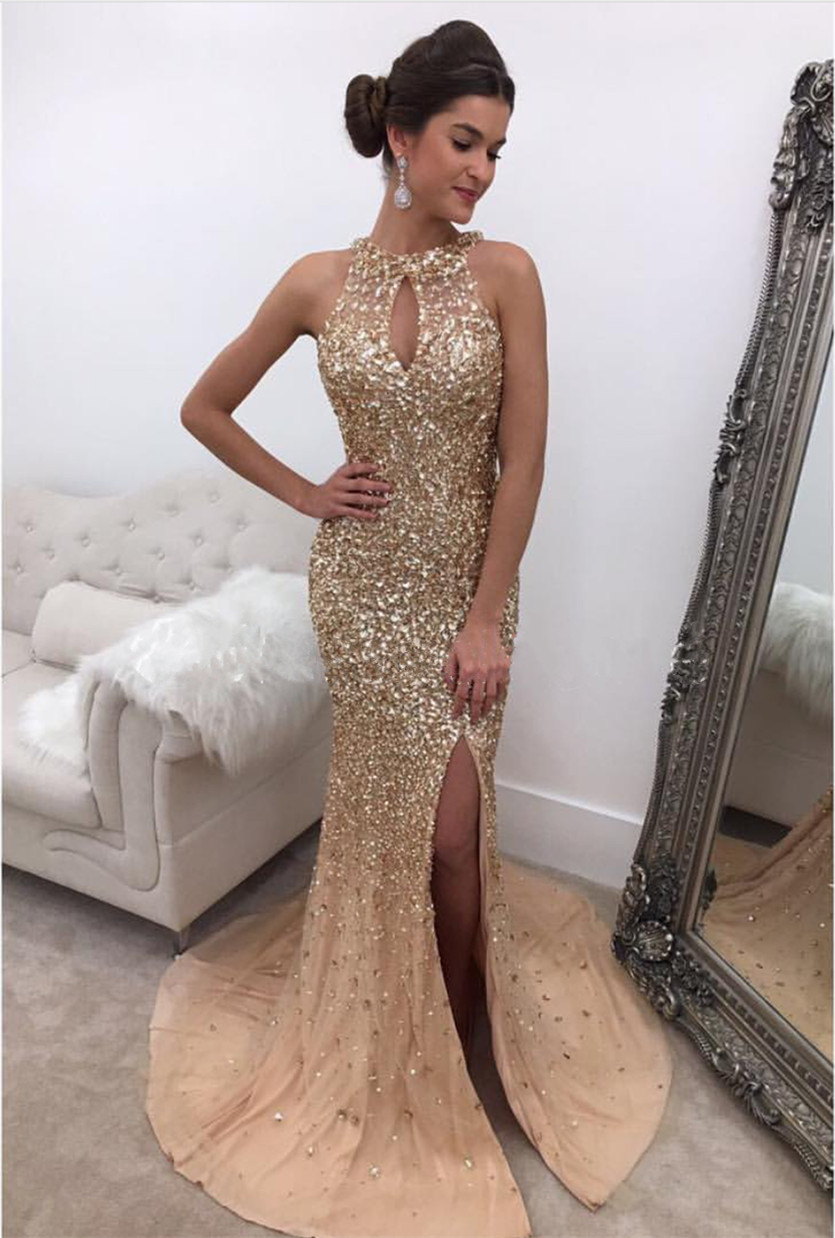 Halter Mermaid Gowns,Champagne Prom Dress,Mermaid Evening Gowns,Luxury Prom Dress