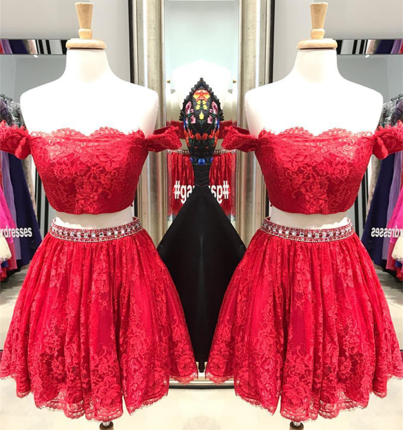 Two Piece Homecoming Dress,lace Homecoming Dress,red Prom Dress,short Cocktail Dress