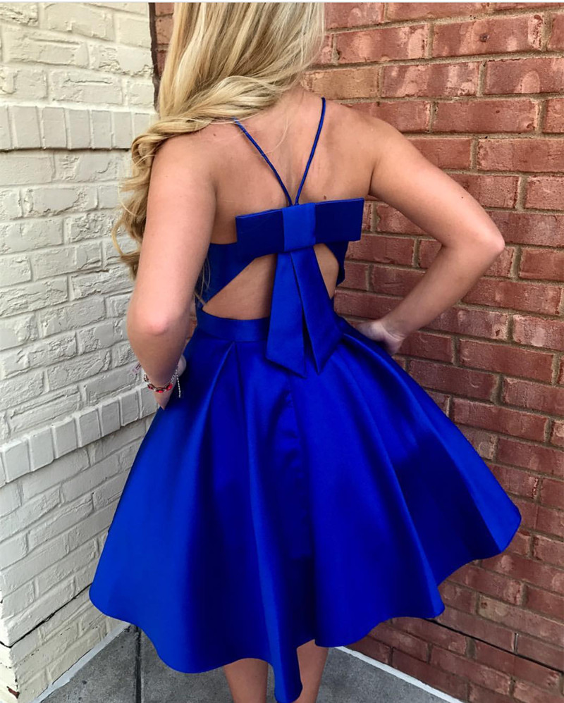 Royal Blue Homecoming Dresses,bow Back Cocktail Dress,short V Neck Prom Dresses