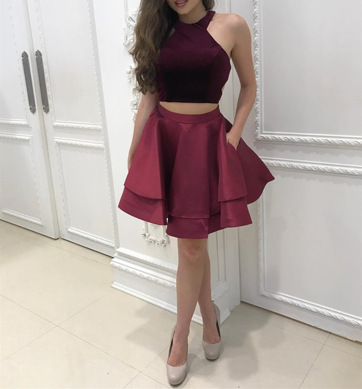 Two Piece Homecoming Dress,burgundy Homecoming Dress,short Prom Dresses 2018