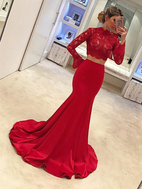 Long Sleeves Prom Dresses,two Piece Prom Dress,mermaid Evening Gowns,prom Dresses 2018