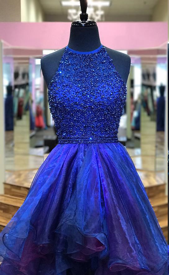 Ombre Homecoming Dress,halter Prom Gowns,beaded Cocktail Dress,short Prom Dresses 2018