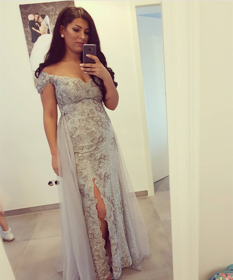 Silver Lace Prom Dresses,Off The Shoulder Evening Gowns,Sexy Long ...