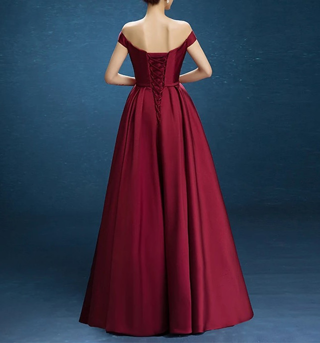 Burgundy Satin V Neck Off The Shoulder Prom Dresses With Pockets on Luulla