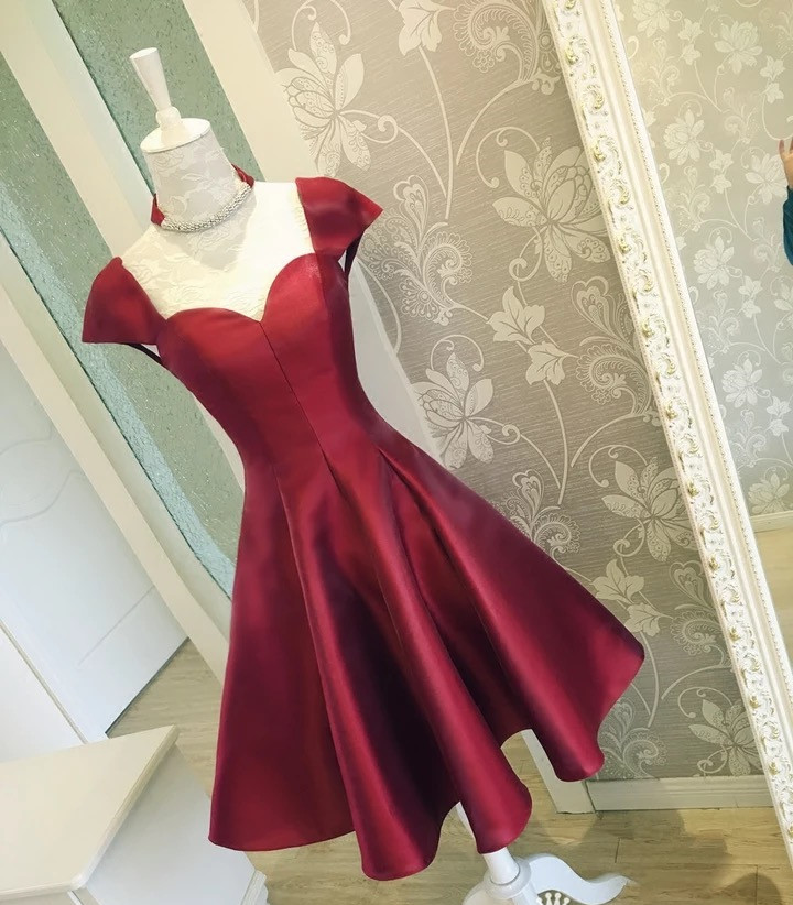 Cap Sleeves Prom Dress,knee-length Prom Dress,burgundy Homecoming,satin Cocktail Dresses