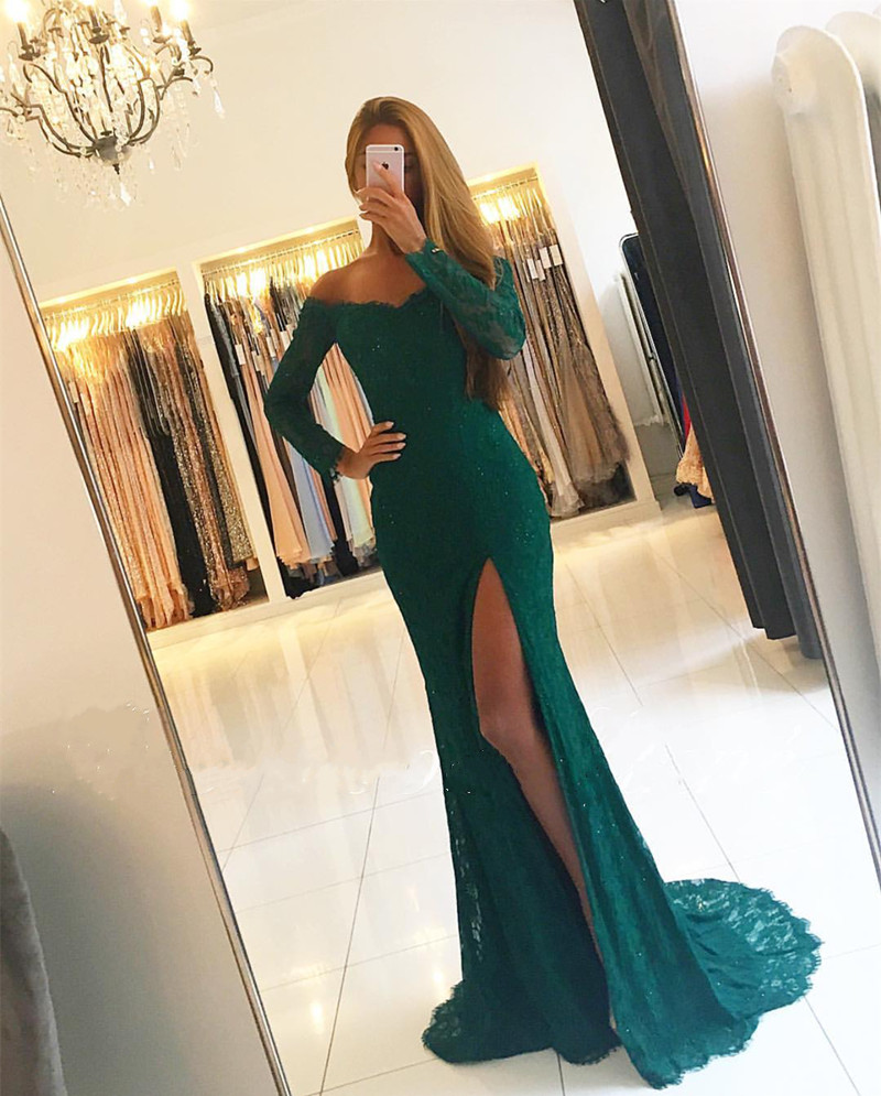 emerald green prom dress,lace evening gowns,long sleeves prom dresses,off the shoulder evening gowns