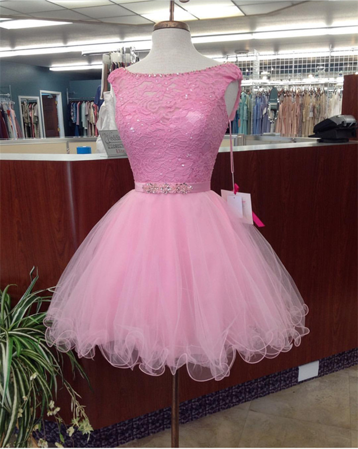 Pink Homecoming Dress,tulle Prom Short Dress,elegant Lace Appliques Cocktail Dress