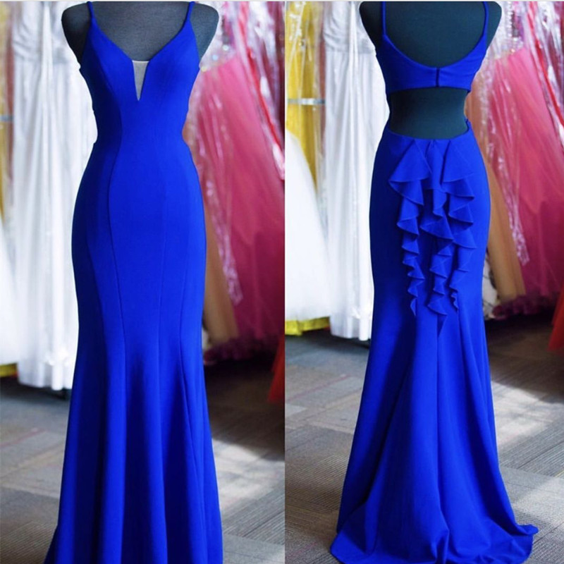 Royal Blue Mermaid Bridesmaid Dress Long Jersey Ruffle Back Evening Gowns For Wedding Party
