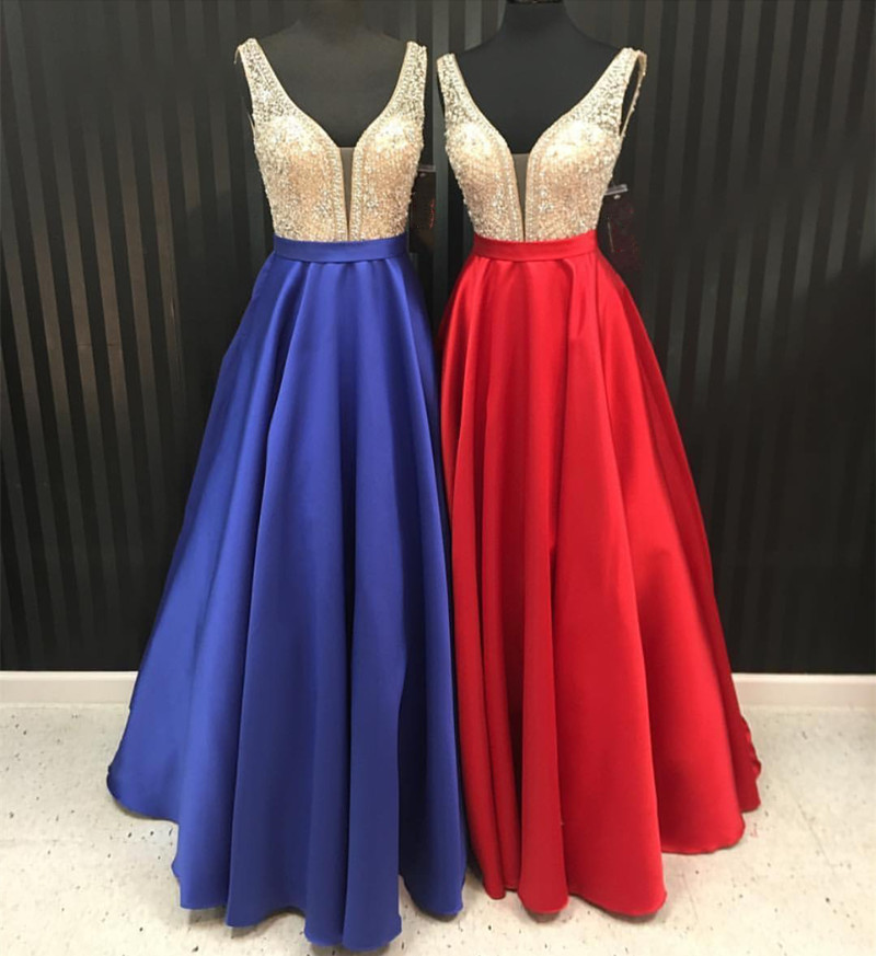 V Neck Prom Dress,long Satin Gowns,sexy Long Formal Dress,sequin Beaded Evening Gowns