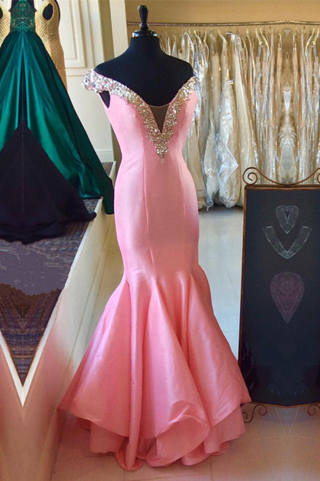 Pink Off-the-shoulder Plunging V Mermaid Long Prom Dress, Evening Dress