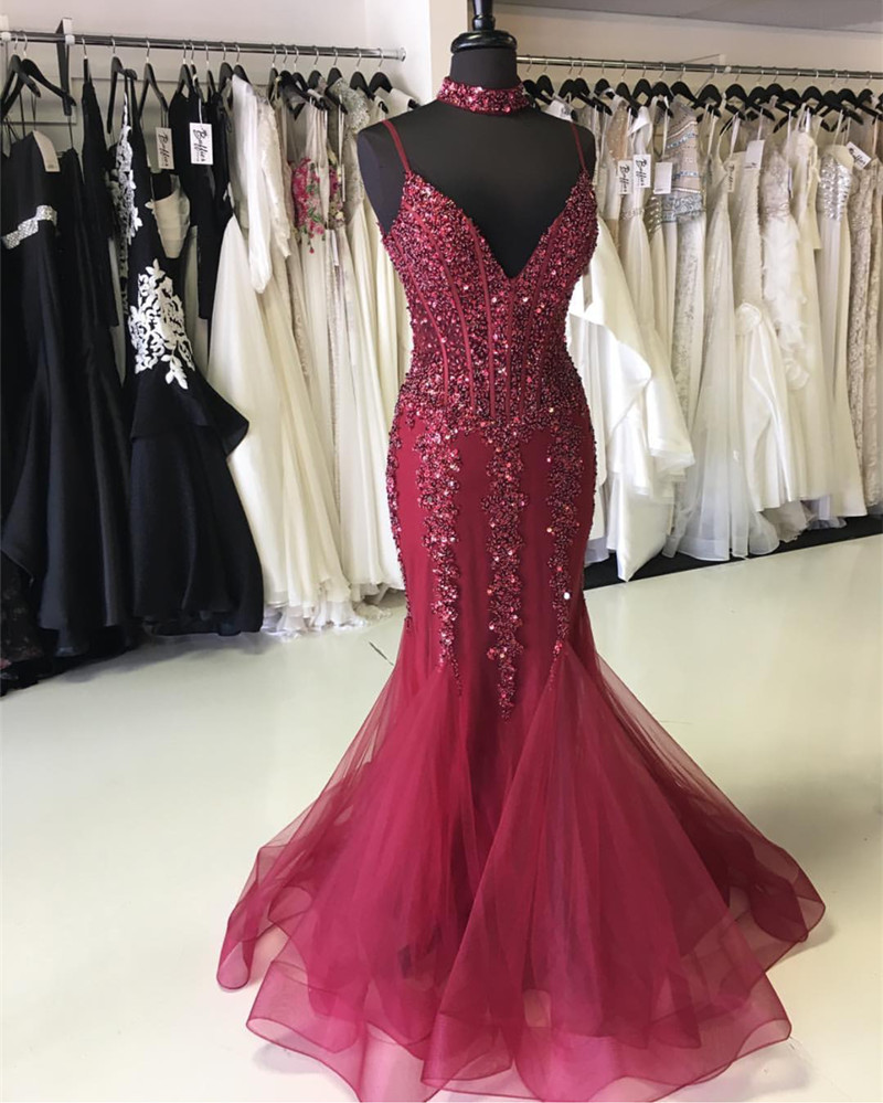 Spaghetti Strap V Neck Beaded Mermaid Long Prom Dress, Evening Dress Featuring Choker Necklace