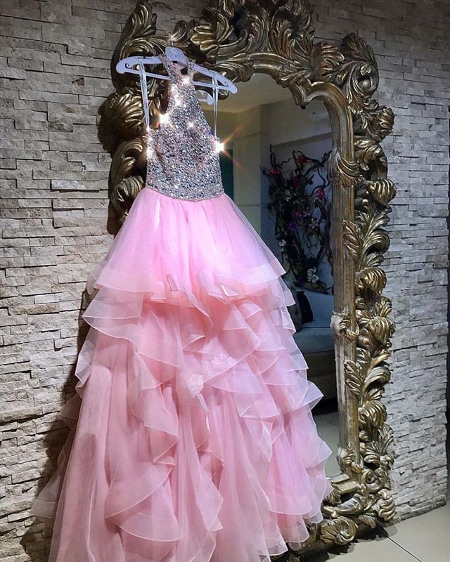 halter prom dress,ruffles prom dress,sequin beaded prom dress,pink ball gowns