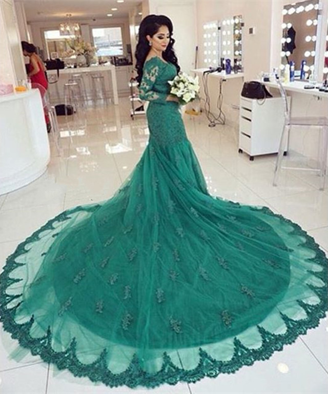 Green Lace Mermaid Evening Dresses,long Sleeves Prom Dresses 2016