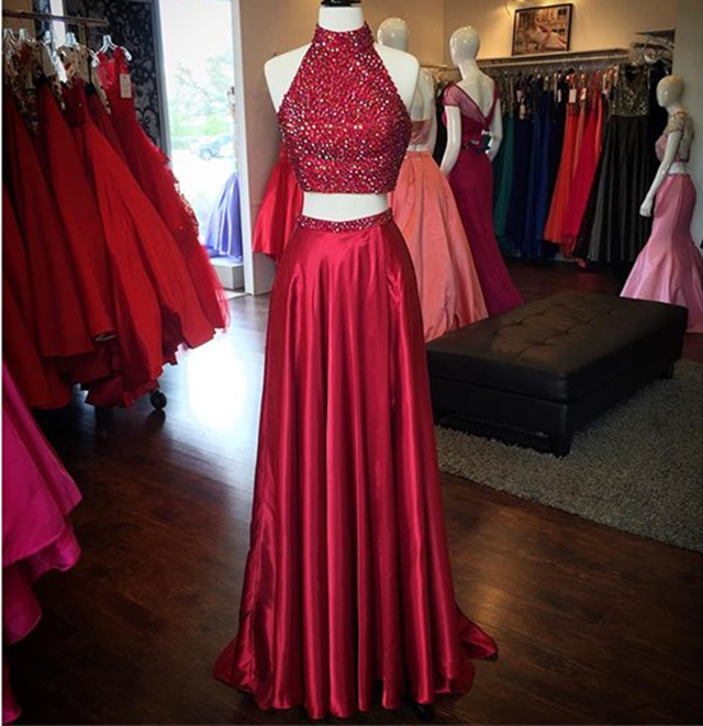2 Piece Prom Dresses,Wine Red Prom Dress,Two Piece Prom Dress,Satin Evening Dress,Long Party Gowns,Halter Prom Dress