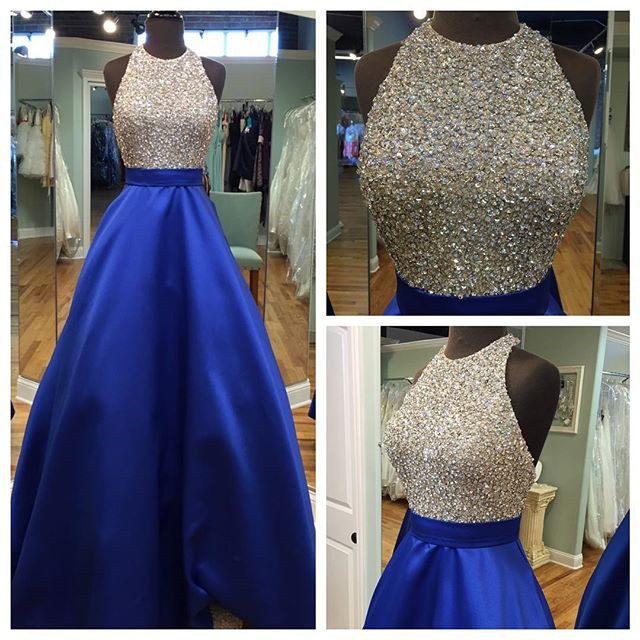 Royal Blue Ball Gowns,Beaded Prom Dresses,Halter Prom Dress,Prom Dresses 2016,Open Back Dress