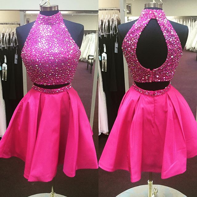 Short Pink Homecoming Dress,Beaded Cocktail Dress,Short Prom Dresses 2016,Two Piece Homecoming Gowns