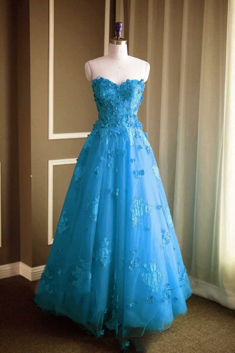 Ice Blue Strapless Sweetheart Floral Appliqués A-line Long Prom Dress, Evening Dress Featuring Lace-Up Back