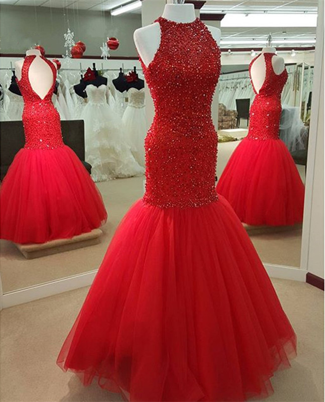 Red Mermaid Prom Dresses Beaded Long Open Back Evening Gowns 2016 Sexy