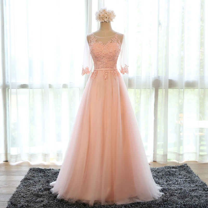 Pink Long Chiffon A-line Evening Gown Featuring Sweetheart Illusion Quarter Sleeve Bodice With Floral Lace Appliqué